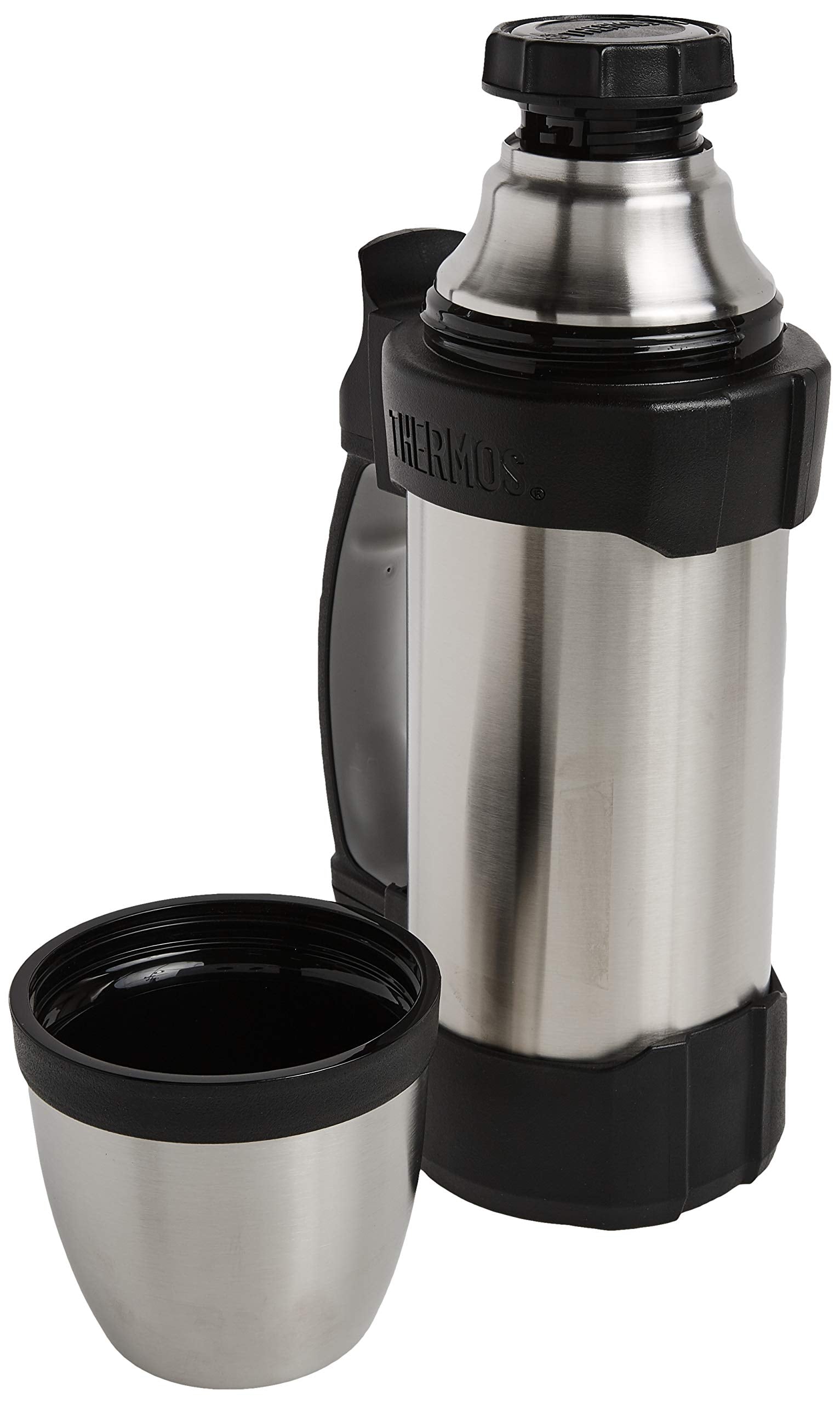 Thermos The Rock Vacuum Insulated 1 Liter Beverage Bottle, Stainless Steel/Black, 1.1 Quart (2510Tri2)